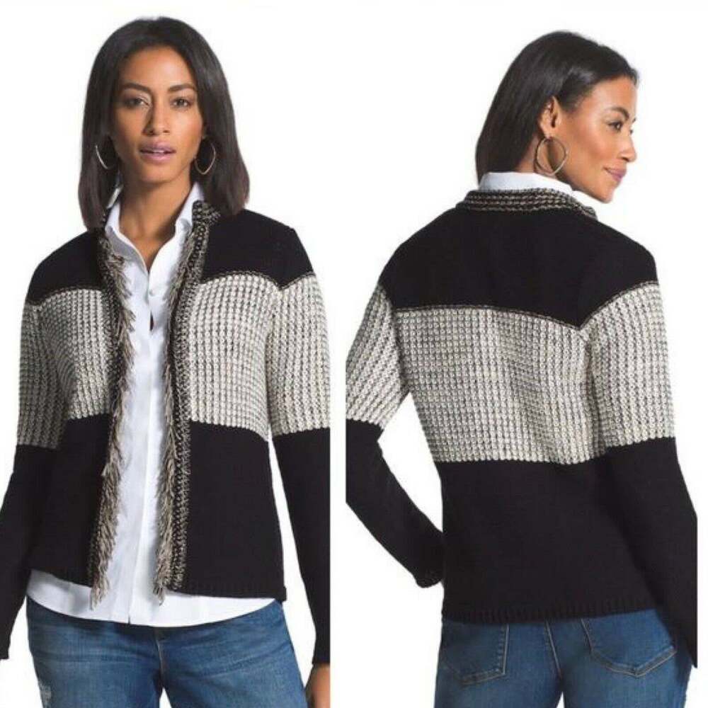 Chico’s Women’s Black Cream Color Block Fringe Knit Cardigan